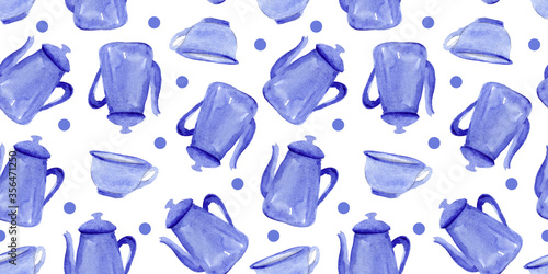 Seamless watercolor pattern with cup and  kettle on white background  abstract blue background. Tea time