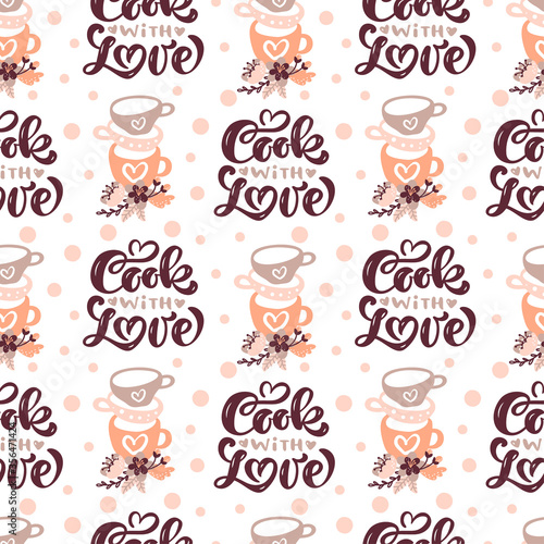 Seamless pattern with cooking tools and calligraphy text Cook with love. Backdrop with kitchen utensils for homemade meals preparation with flowers. Vector illustration in flat style for textile print