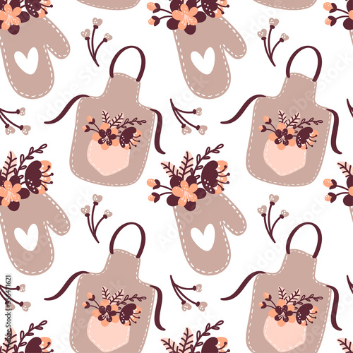 Seamless pattern with Apron, Oven Mitt, Potholder with vintage flowers on white background. Cute kitchen textile vector illustration in cartoon simple flat style