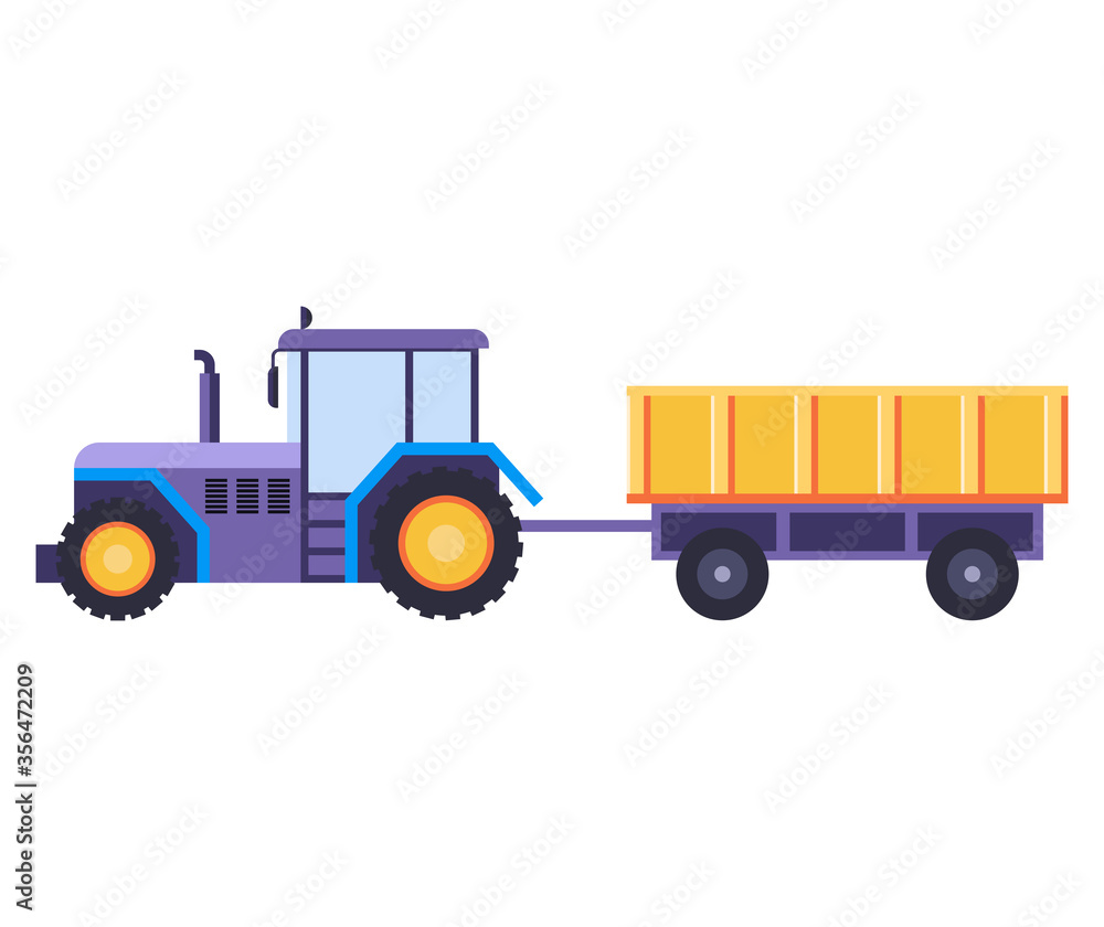 Blue tractor with trailer in flat design.