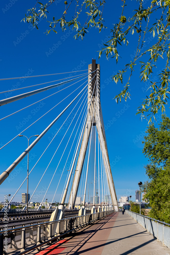 Panoramic view of Swietokrzyski Bridge - Most Swietokrzyski - with Vistula river with Srodmiescie city center of Warsaw, Poland in background
