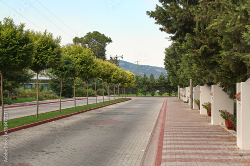 Empty road entrance to the hotel among tropical trees. Work ban due to the pandemic.