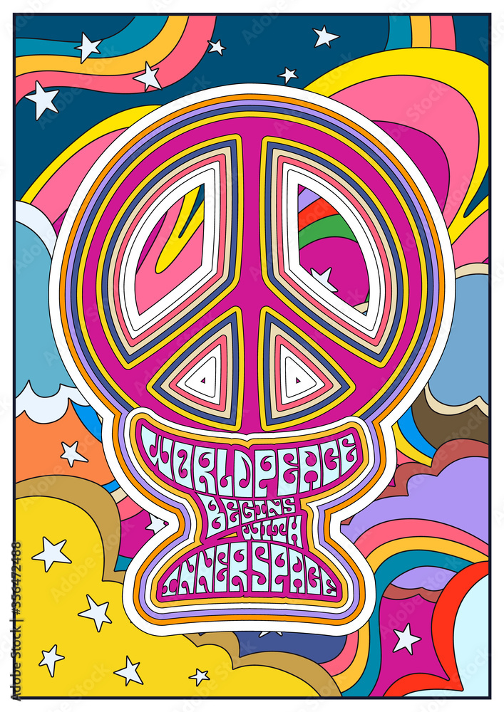 Love and Peace Lettering. Psychedelic Art 1960s Hippie Style Abstract Background