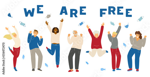 Different people celebrating end of Covid-19 epidemic and quarantine. Happy people jumping, smiling, dancing surrounded with useless protective clothes. Global celebration. Flat vector illustration.