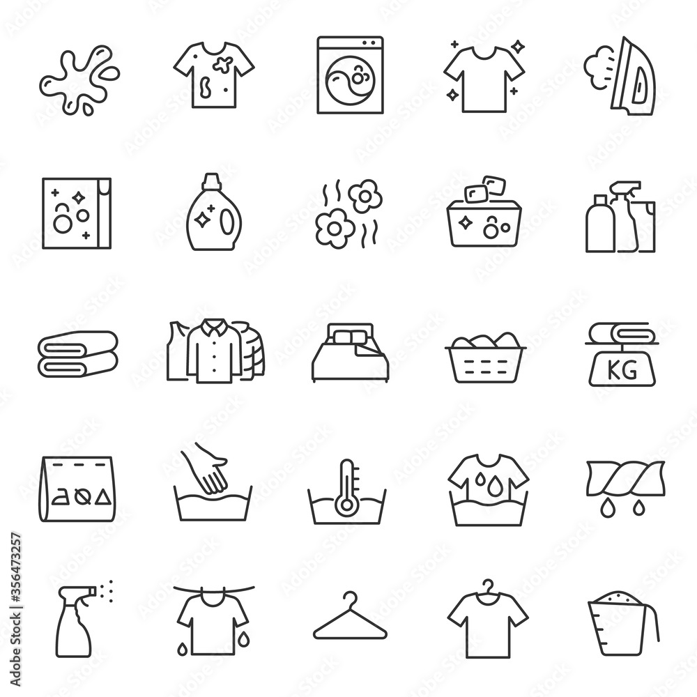 Washing clothes, laundry, icon set. Hand and automatic cleaning, linear icons. Line with editable stroke Washing clothes, laundry, icon set. Hand and automatic cleaning, linear icons. Line with editable stroke