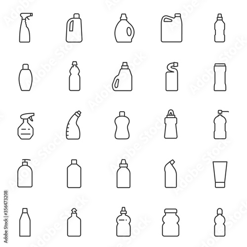 Detergents in different packages, icon set. Household chemicals for cleaning and disinfection, linear icons. Line with editable stroke