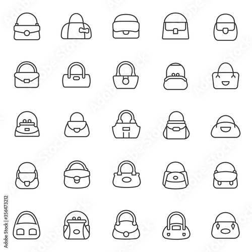 Different woman's bags of various shapes, icon set. Ladies handbags, linear icons. Line with editable stroke