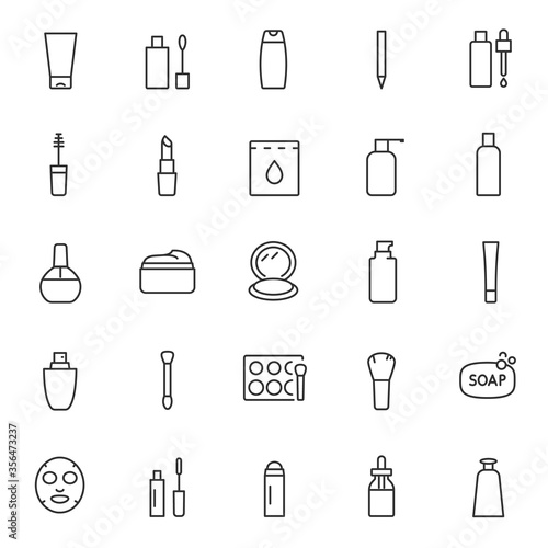 Cosmetics, icon set. Cosmetic products, linear icons. Lipstick, perfume, mascara, eye shadow, foundation, shampoo, skin cleanser, body lotion, etc. Line with editable stroke