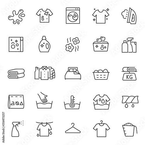 Washing clothes, laundry, icon set. Hand and automatic cleaning, linear icons. Line with editable stroke