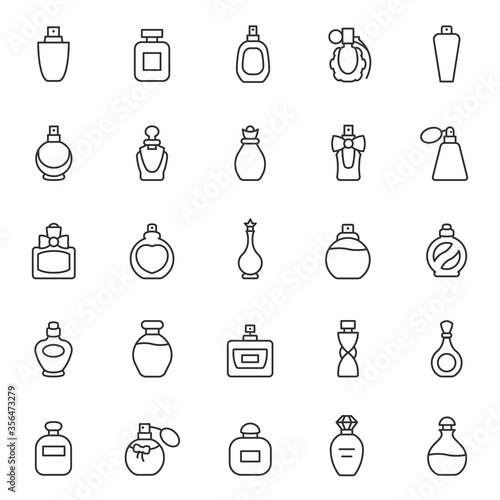 Perfume bottles, icon set. Eau de toilette. Packaging of various shapes, linear icons. Line with editable stroke