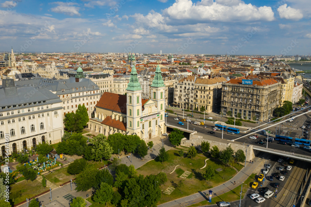 Inner City Parish Church aerial view in Budapest, Hungary, Europe.