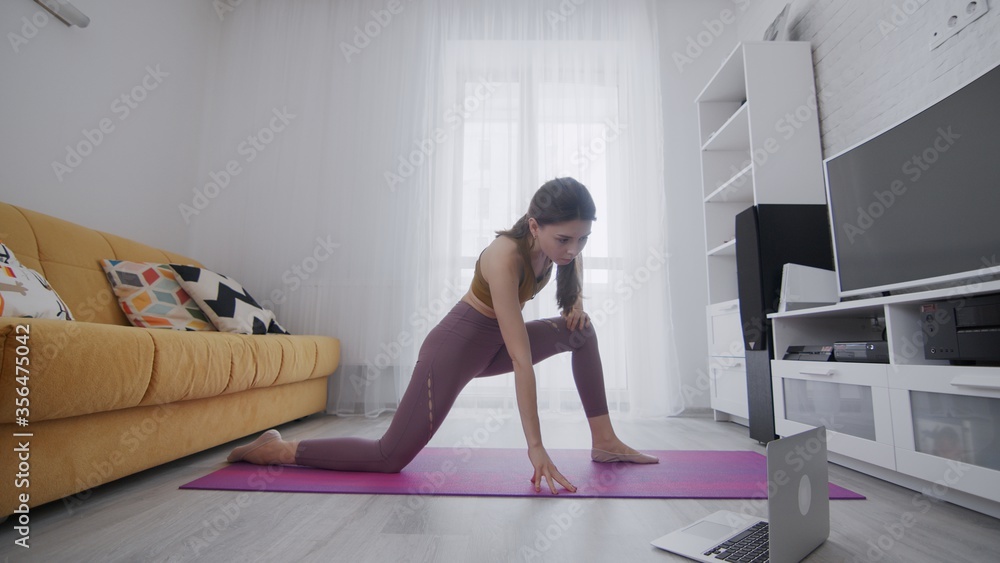 On-line work out woman using internet services with help of her instructor. Portrait of a beautiful slim sporty woman practicing yoga on a mat. Woman looking at the laptop On-line work out woman using internet services with help of her instructor. Portrait of a beautiful slim sporty woman practicing yoga on a mat. Woman looking at the laptop
