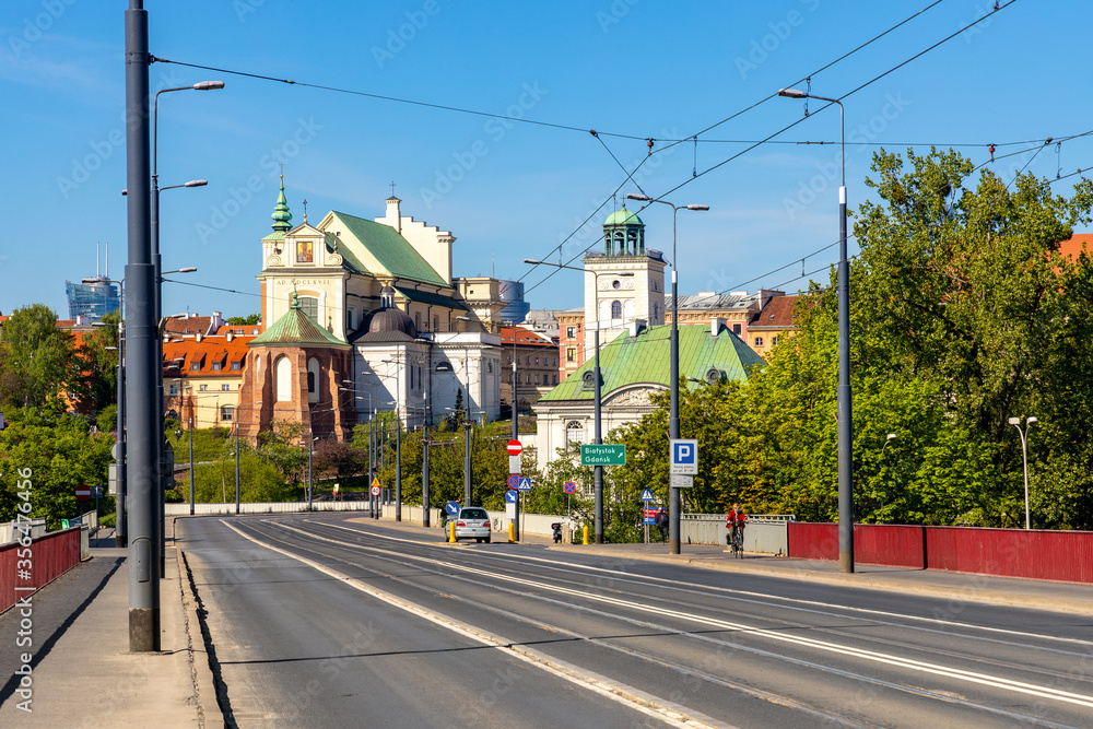 Panoramic view of Stare Miasto historic Old Town quarter with St. Anna church and Most Slasko-Dabrowski bridge in Warsaw, Poland