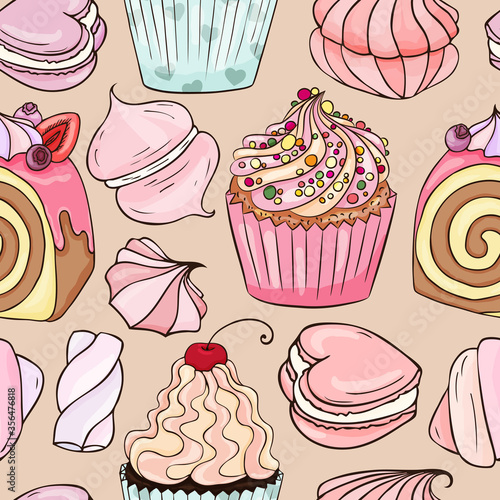 Cakes, sweet roll, macaroons, marshmallow sweet texture. Colorful yummy food background.Many types of sweets.