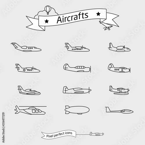 Airplanes, helicopter, glider plane, balloon and other aircrafts outline icons set. Thin line vector illustration