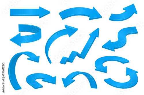 Blue 3d arrows of various shapes set. Curve, zigzag, wavy, semicircular, long, short volumetric cursors, pointers. Down, up, right, left glossy direction vector web icons collection isolated on white.
