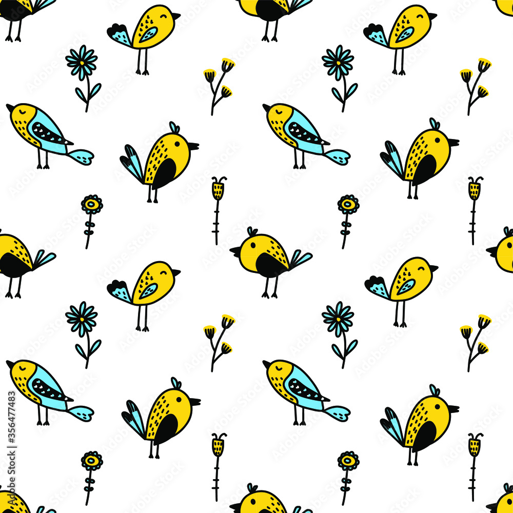 Doodle cute birds. Seamless pattern. Bright colors. Vector illustration for fabric, wrapping paper. On white background. Birds with flowers.