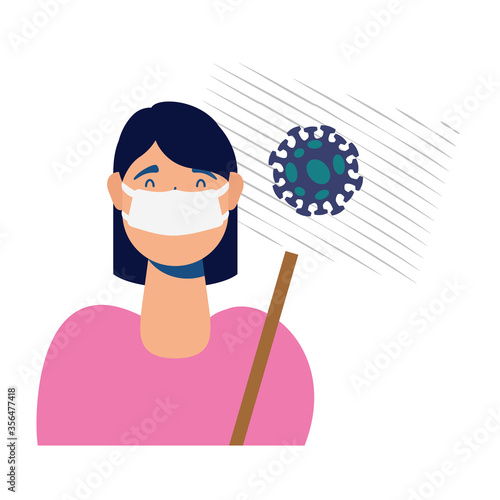 young woman wearing medical mask with protesting banner