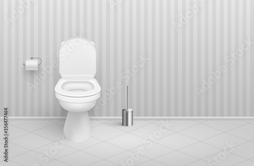 Toilet room interior with water closet, brush, paper roll holder, attached to striped wall.