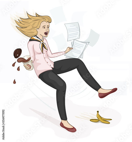 Pretty young girl with hot coffee and documents in hands slipped on a banana peel and falling down in the office. Cartoon vector character colorful illustration.