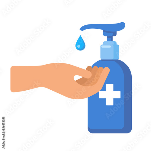 Using hand sanitizer and liquid soap. Antibacterial hand treatment against coronavirus. Covid-19 spread prevention and hygiene vector flat illustration. Hand and antiseptic bottle icon