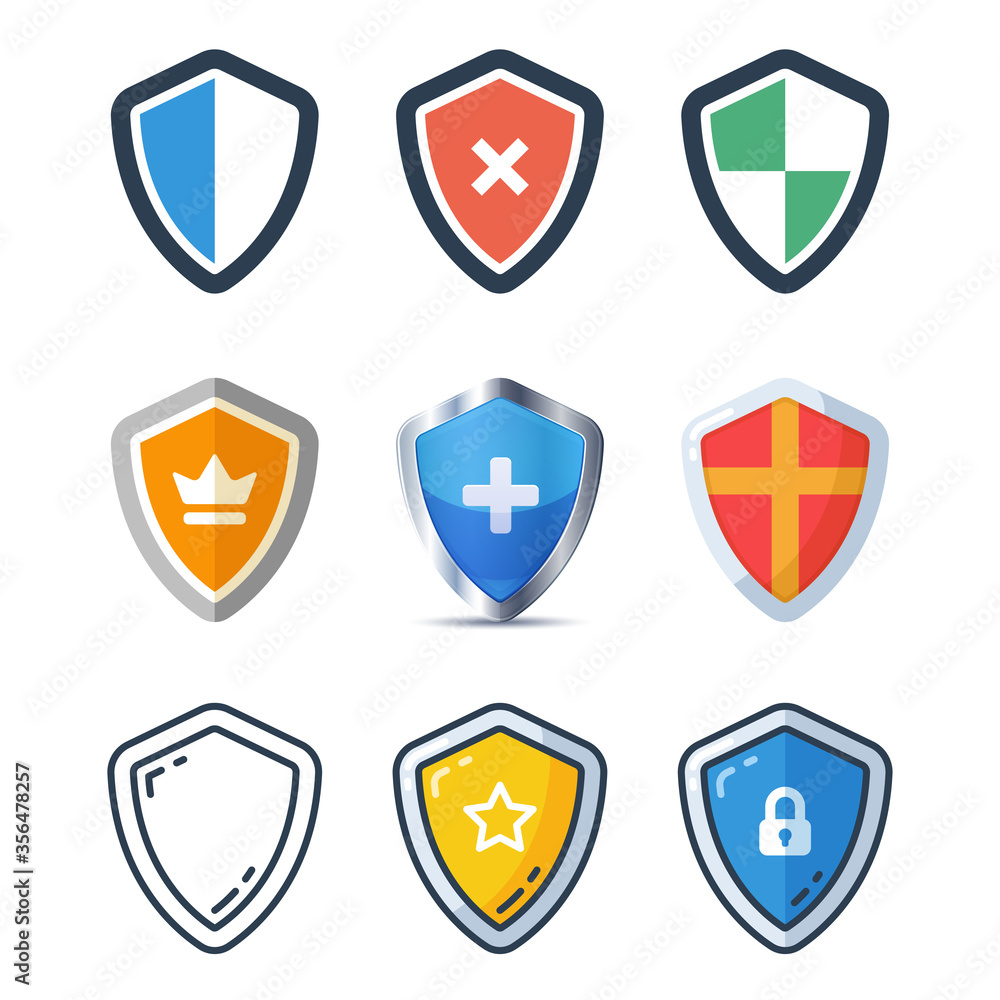 Set of shield icons in different styles. Flat and realistic vector illustration. Protection and security concept Set of shield icons in different styles. Flat and realistic vector illustration. Protection and security concept