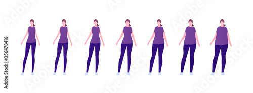 Woman body weight concept, Vector flat person illustration set. Collection of females in casual outfit isolated on white. Slim to muscular. Normal to overweight. Front view. Design for infographic