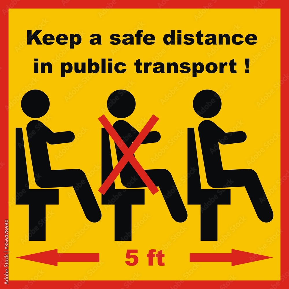Safe distances between people on the public transport, black silhouette, vector icon on yellow background Safe distances between people on the public transport, black silhouette, vector icon on yellow background