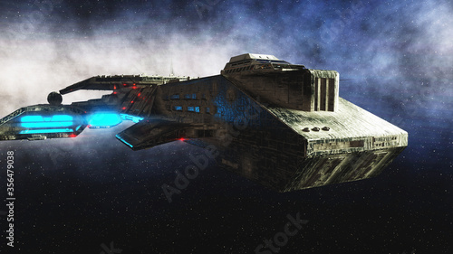 Futuristic space ship in space. Earth planet wonderfull view. realistic metal surface ship. 3d rendering. © 3D motion