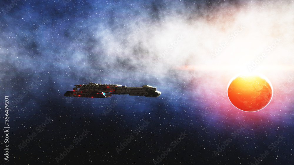 Futuristic space ship in space. Earth planet wonderfull view. realistic metal surface ship. 3d rendering.