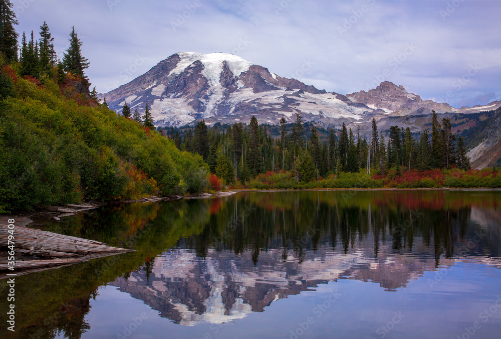 Bench Lake and Mt. Rainier with beautiful, calm reflections in autumn at Mt. Rainier National Park in Washington state
