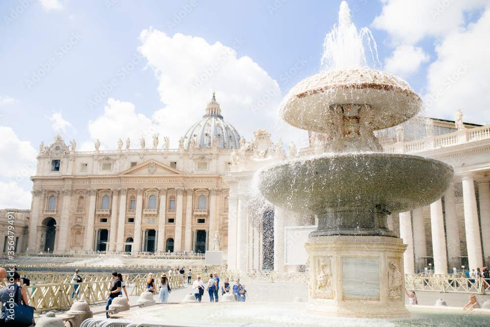 Italy.Rome.Vatican- 12.08.2019: Central square in Vatican. Central fountain