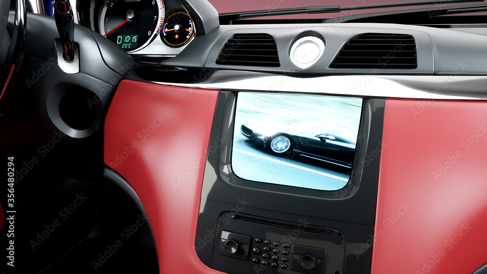 red leather interior of luxury black sport car . realistic 3d rendering.