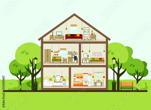House in a cut. Detailed modern home interior. rooms with furniture. flat vector illustration