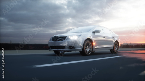 Luxury white car on highway  road. Very fast driving. Wonderfull sunset. Travel and motivation concept. 3d rendering.