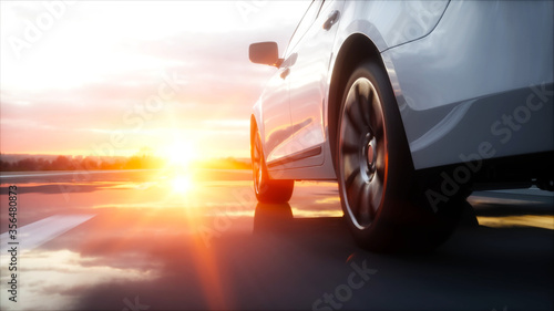 Luxury white car on highway, road. Very fast driving. Wonderfull sunset. Travel and motivation concept. 3d rendering. © 3D motion