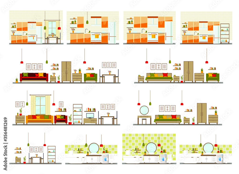 set with interiors, bathroom, kitchen, living room and bedroom, flat vector illustration of rooms with furniture