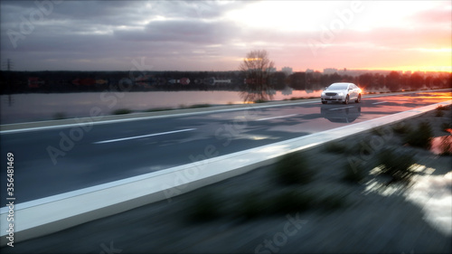 Luxury white car on highway, road. Very fast driving. Wonderfull sunset. Travel and motivation concept. 3d rendering.