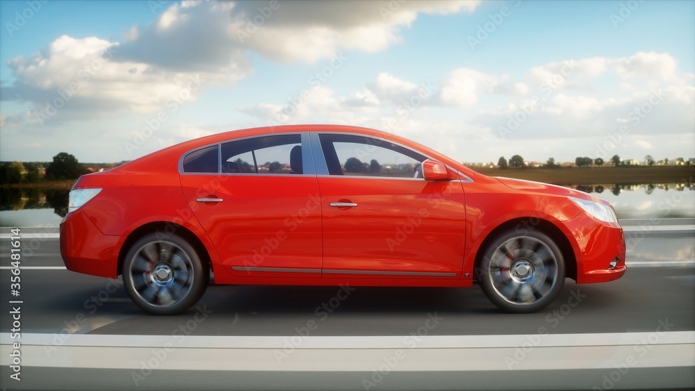 Luxury red car on highway, road. Very fast driving. Travel and car concept. 3d rendering.