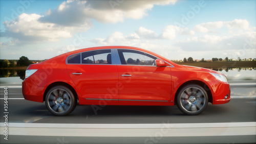 Fototapeta Naklejka Na Ścianę i Meble -  Luxury red car on highway, road. Very fast driving. Travel and car concept. 3d rendering.