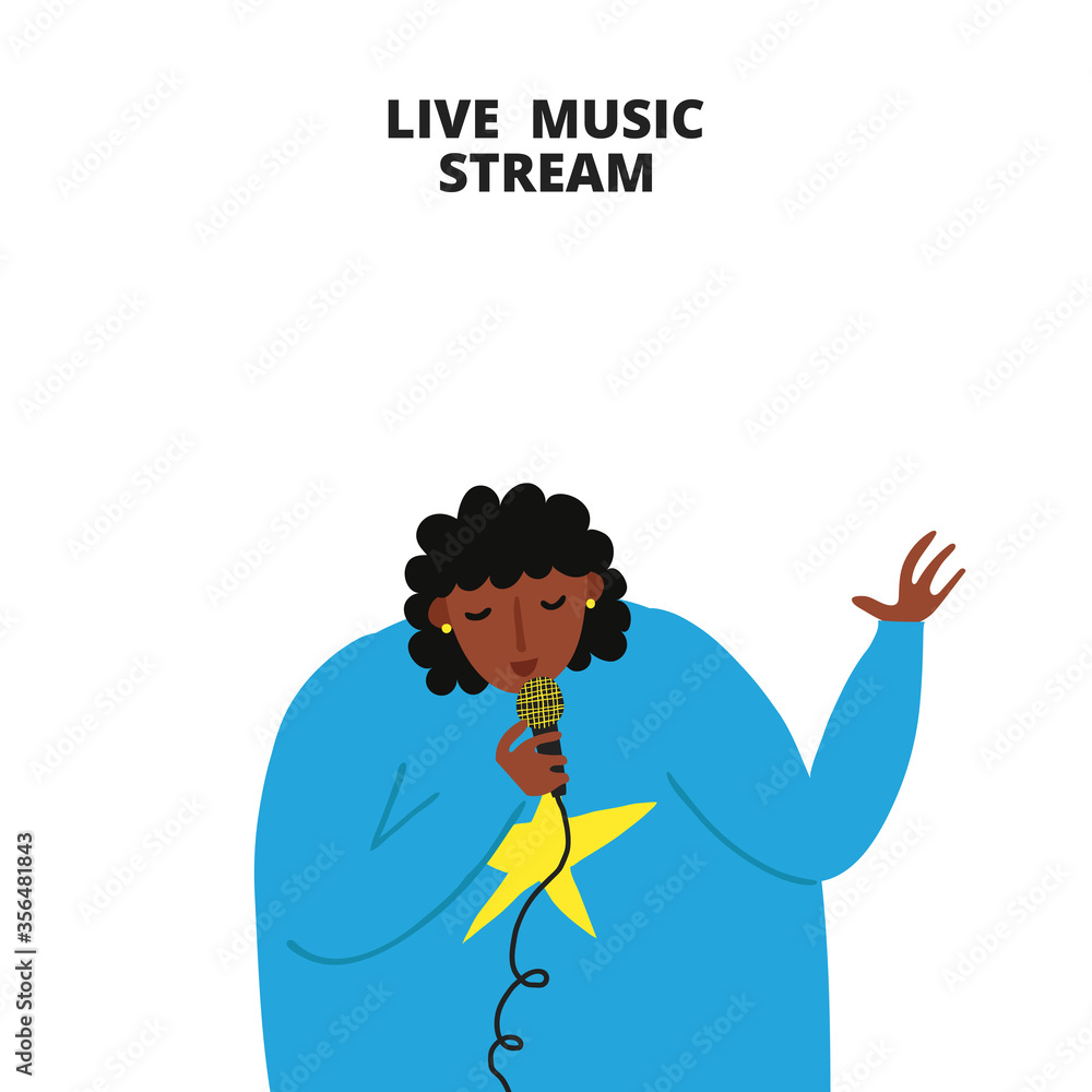 Live music stream sign. African woman singing with microphone. Afro female singer. Musical concert promotion. Copy space. Isolated on white. Fun flat style drawing. Trendy stock vector illustration. Live music stream sign. African woman singing with microphone. Afro female singer. Musical concert promotion. Copy space. Isolated on white. Fun flat style drawing. Trendy stock vector illustration.