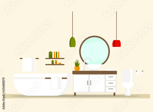 bathroom interior with bath, toilet, washbasin, mirror, shelves, towels and washing machine. flat vector illustration