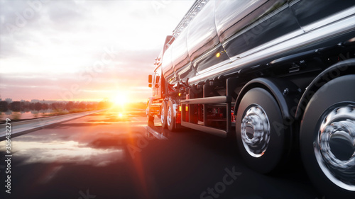 Gasoline tanker, Oil trailer, truck on highway. Very fast driving. 3d rendering. photo
