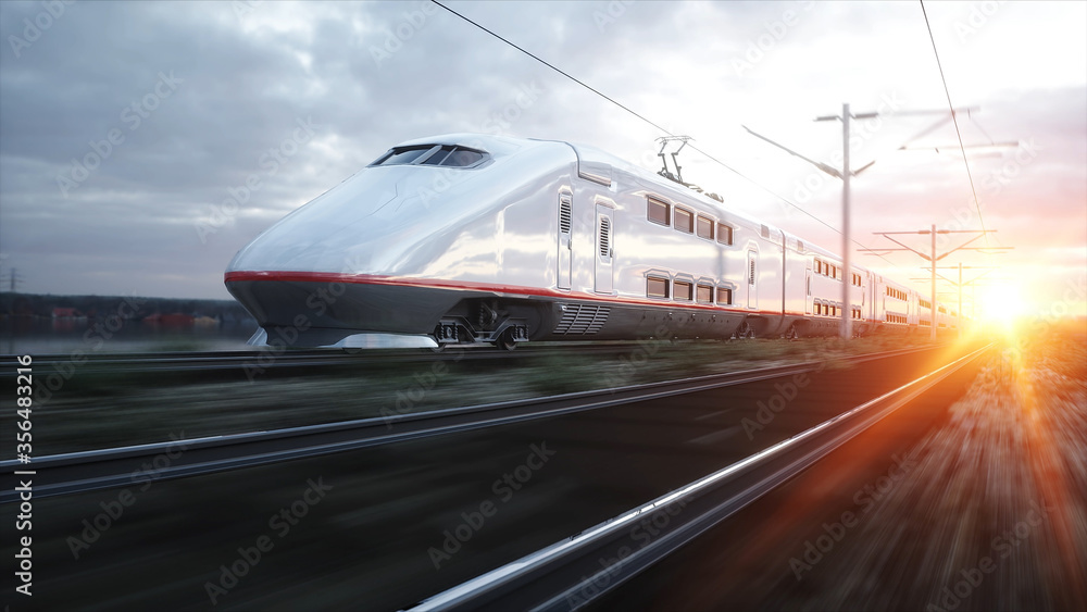 Electric passenger train. Very fast driving. journey and travel concept. 3d rendering. - obrazy, fototapety, plakaty 