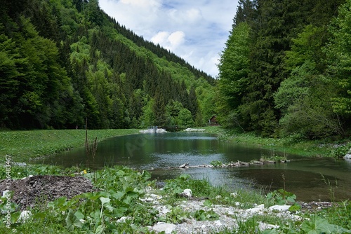 Fototapeta Naklejka Na Ścianę i Meble -  Wasserreservoir an einem Bach in den slowakischen Bergen