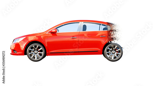 Red car isolate. Transition with particles. Auto concept. 3d rendering.