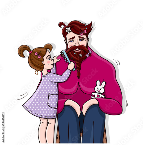 Cheerful Father and Daughter play hairdresser and client. Little girl makes pony tail on father's hair, pins hairpins and combs out his beard. Small barber and dad. Happy Father's day card design.