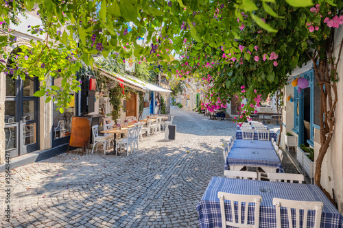 Picturesque street in Mediterranean Alacati Town in Turkey.