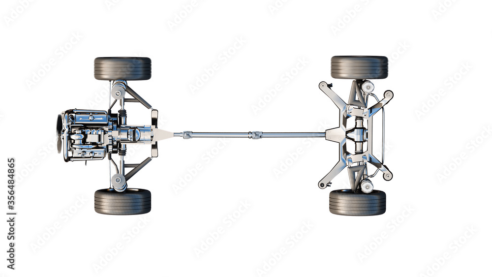 Foto Car chassis with engine on white isolate. 3d rendering.
