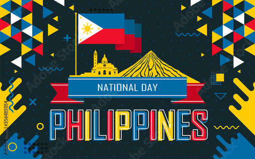 Banner for National independence day of Philippines. Abstract retro design with philippines flag colors & landmarks like mayon volcano & intramuros. 